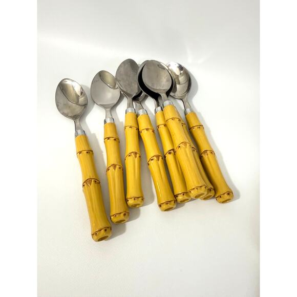 Plastic Bamboo Stainless Flatware Set 24pc Service for 8 Tropical Unique Forks - Picture 5 of 8